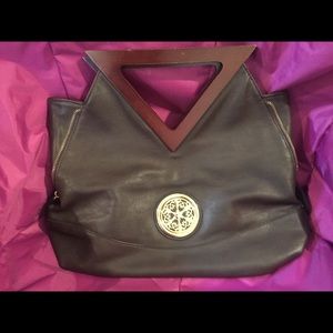 ❌SOLD❌ Brown leather purse with unique wooden handle